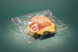 Cheese sandwich displayed inside the heat-sealed bag